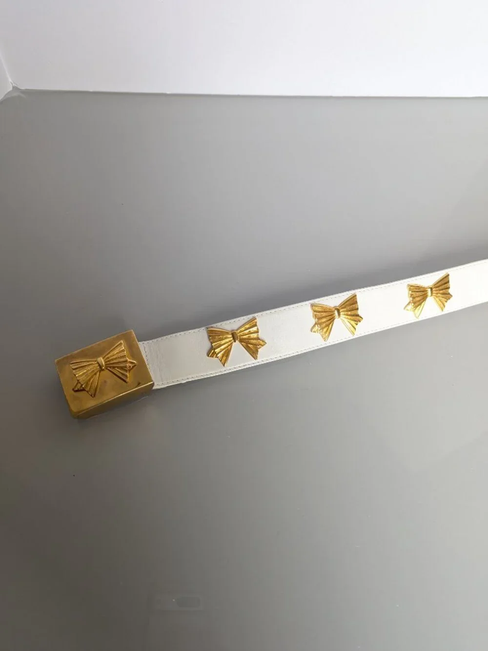 Escada Vintage White Leather Belt Gold Tone Bow Studs Bow Belt Buckle